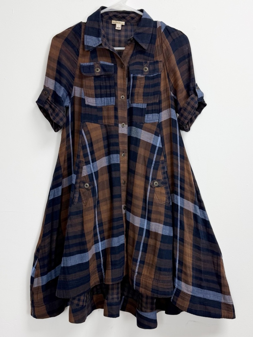 Anthropologie Holding Horses Button Front Plaid Shirt Dress Womens 2 Brown Blue